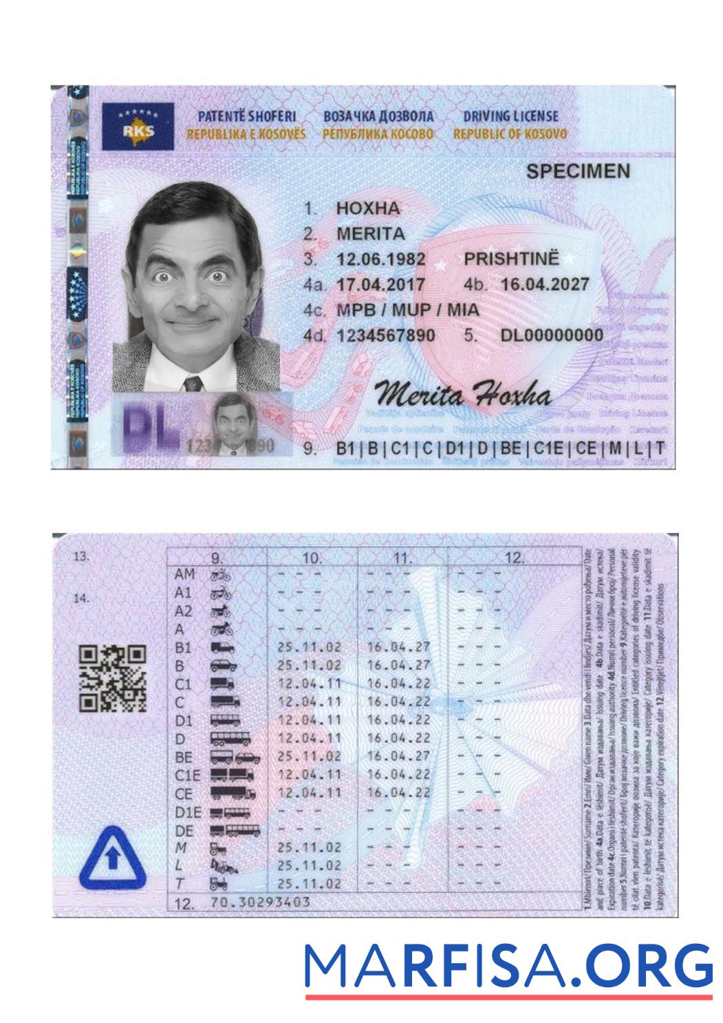 Realistic Kosovo driving license 2017 present example